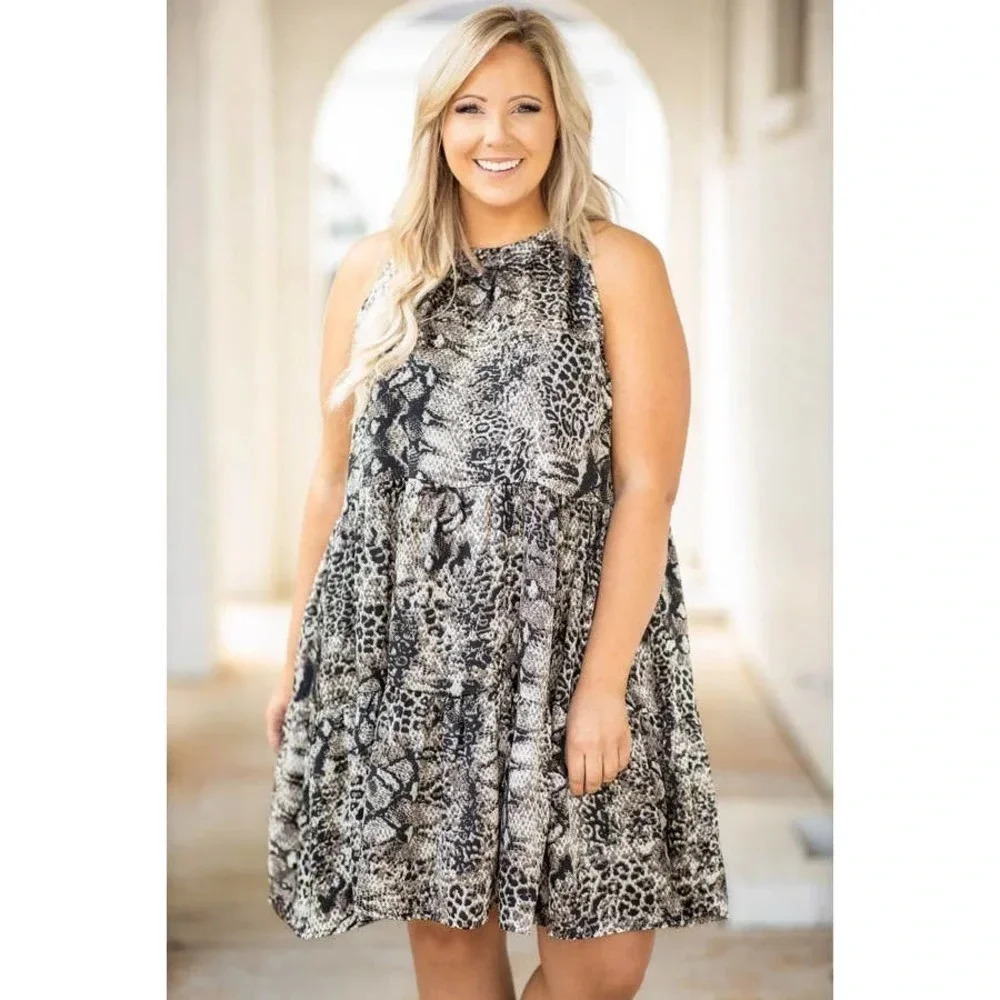 Chic Soul Women's Gray Animal Print Let Your Guard Down Dress‎ Size 2XL